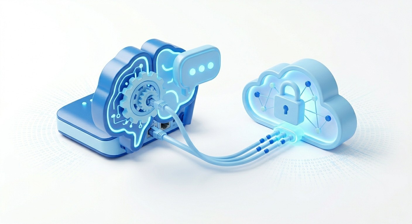 AI活用と業務効率化を象徴する、業務自動化やデジタルツールをイメージした未来的な知能回路とギアの3Dアイコン