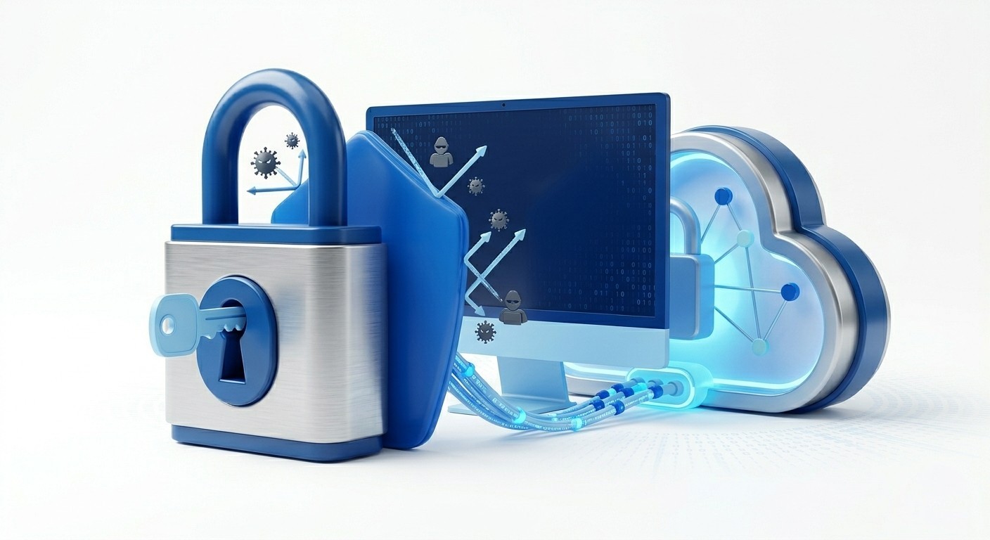 サイバーセキュリティ対策を象徴する、ウイルスやランサムウェアの脅威から社内システムを守る強固な南京錠の3Dアイコン